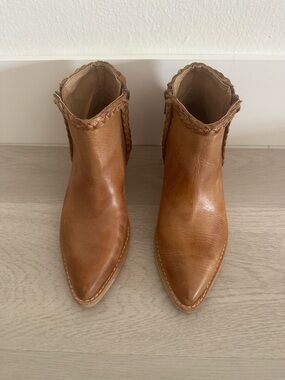 Women's Tan Leather Ankle Boots with Braided Trim